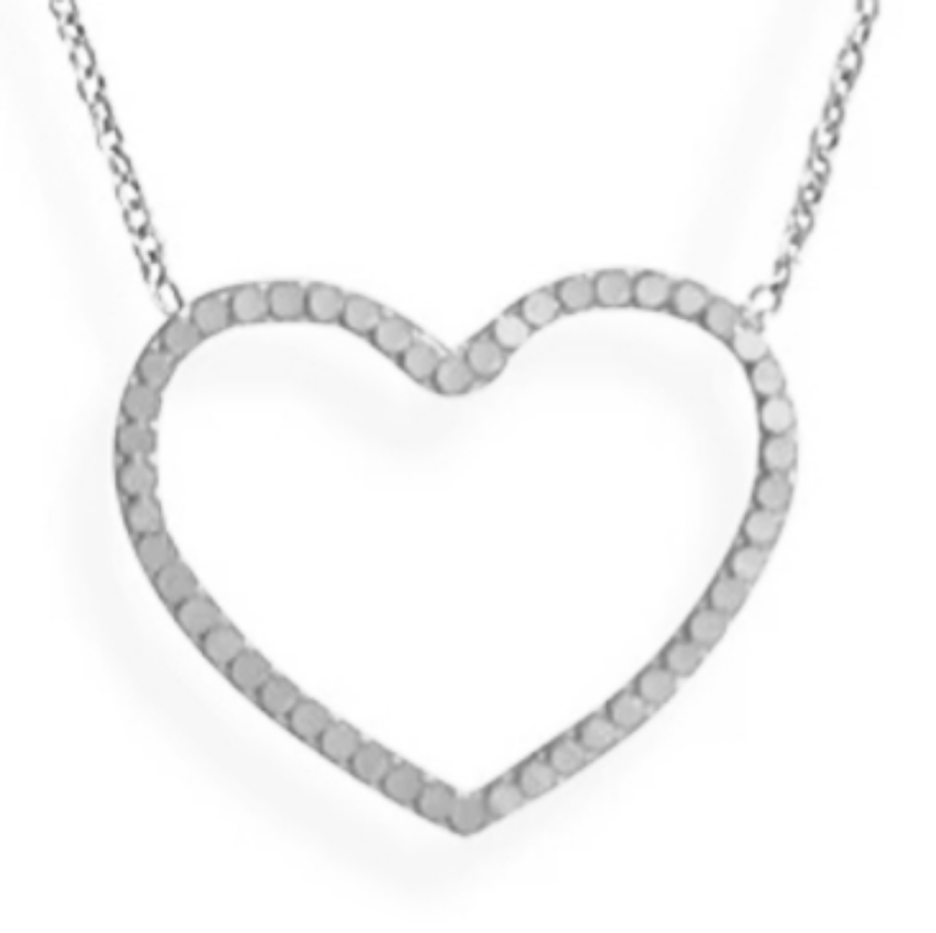 Rhodium Plated Diamond Cut Heart Outline Necklace